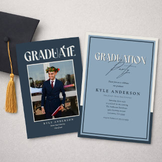 Elegant Blue Graduation Party Photo Invitation
