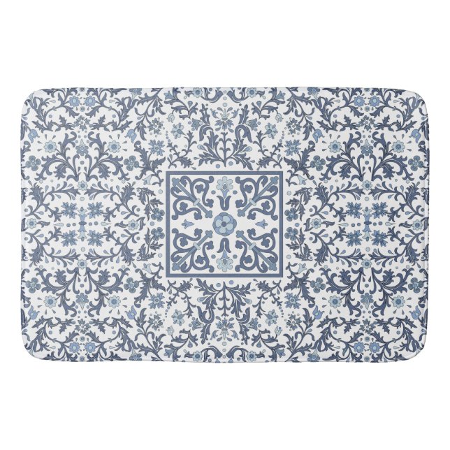 Elegant Blue Graphic Floral Pattern Badematte (Vorderseite)