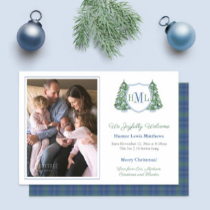 Elegant Blue Green Christmas Foto Baby Boy Birth Ankündigung