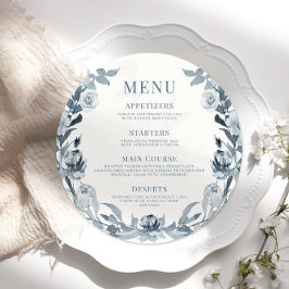 Elégant Blue Grey Floral Mariage Round Flat Menu