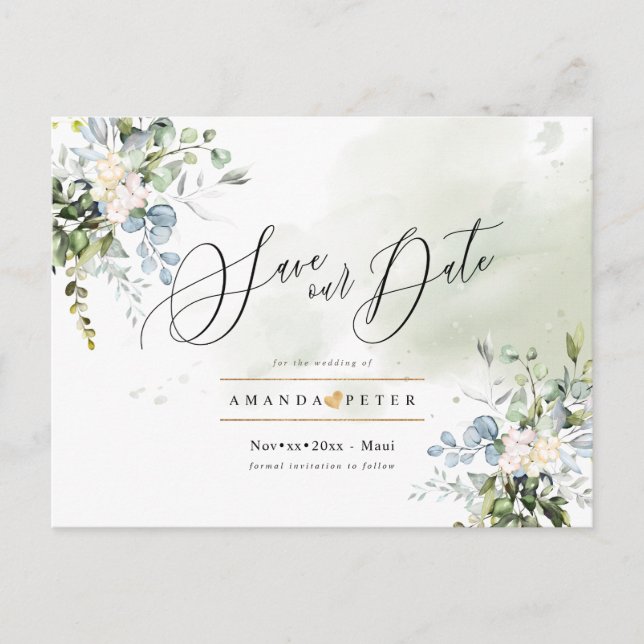Elegant Blue Gum Foliage Save the Date Postkarte (Vorderseite)