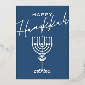 Elegant Blue Happy Hanukkah Menorah Silver Folien Feiertagskarte