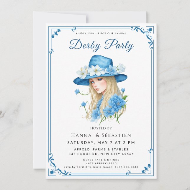 Elegant Blue Hat Garden Party Invitation (Devant)