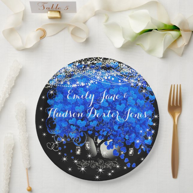 Elegant Blue Heart Leaf Tree Wedding Pappteller (Hochzeit)
