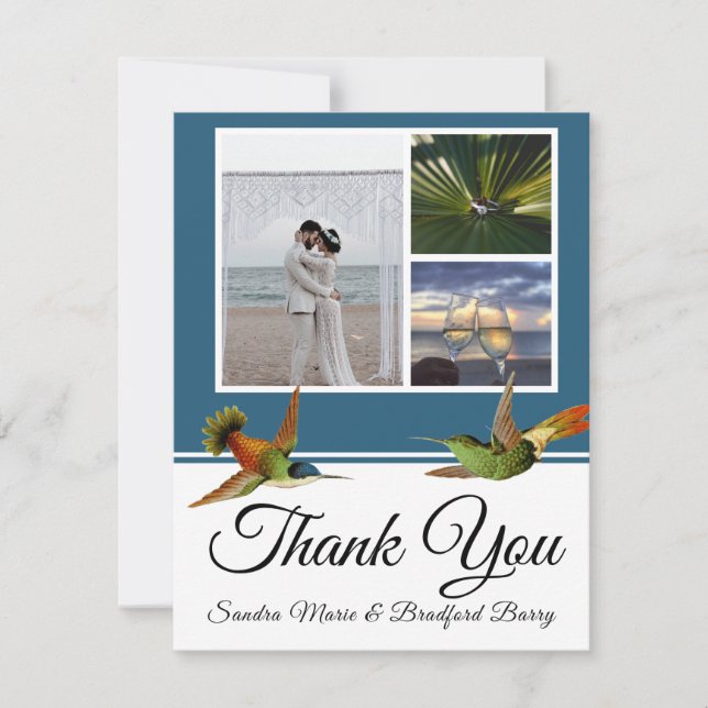Elegant Blue Hummingbird Wedding Foto Collage Dankeskarte (Vorderseite)