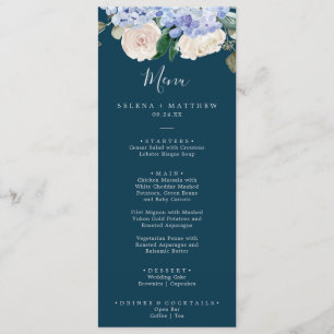 Elegant Blue Hydrangea Abendmenü für Hochzeiten Menükarte