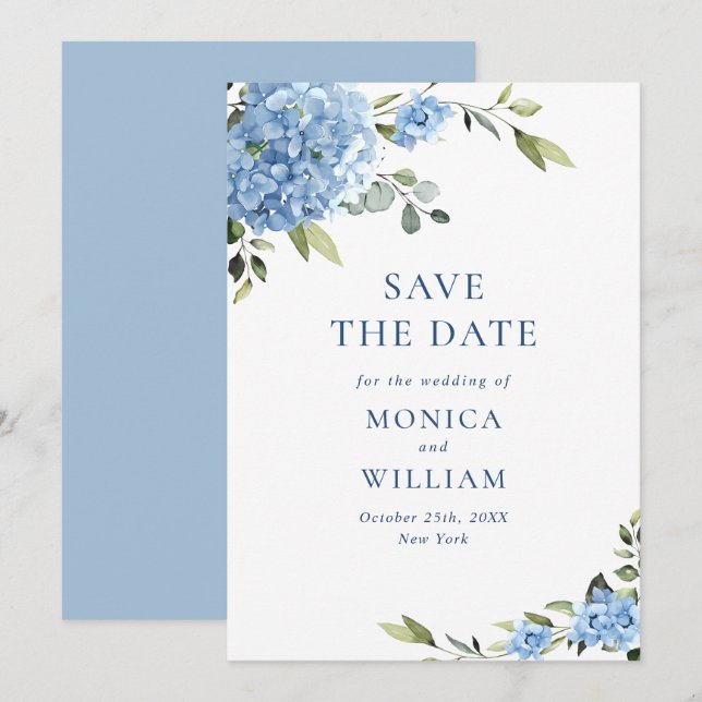Elegant Blue Hydrangea Blume Frühaufstehung Save The Date (Vorne/Hinten)