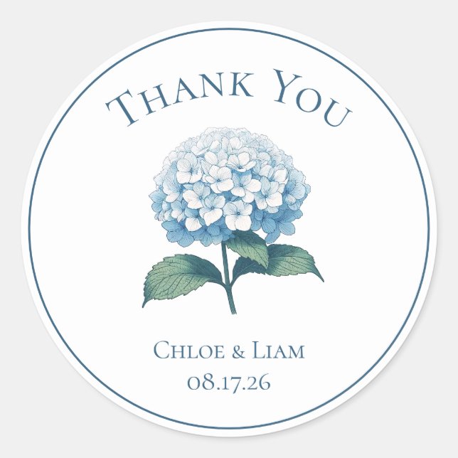 Elegant Blue Hydrangea Blume Wedding Vielen Dank Runder Aufkleber (Vorderseite)