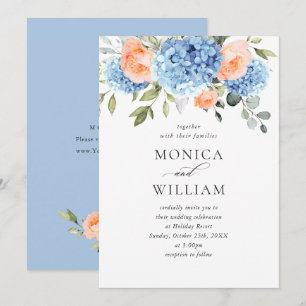 Elegant Blue Hydrangea Blush Pink Roses Wedding Einladung