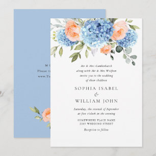 Elegant Blue Hydrangea Blush Pink Roses Wedding Einladung