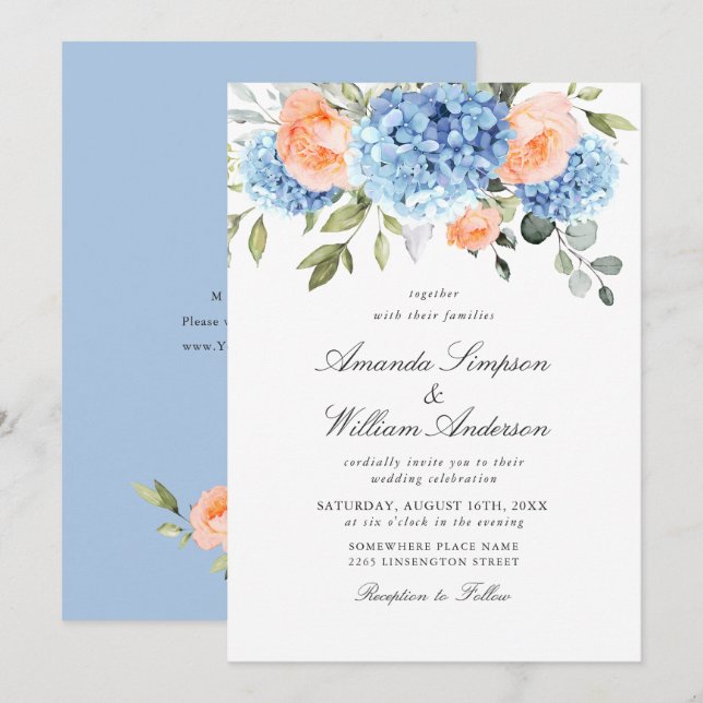 Elegant Blue Hydrangea Blush Pink Roses Wedding Einladung (Vorne/Hinten)