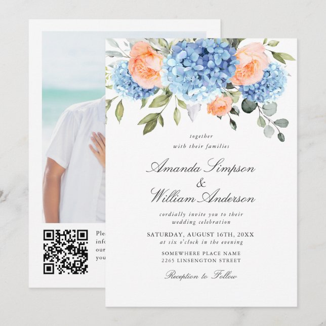 Elegant Blue Hydrangea Blush Pink Roses Wedding Einladung (Vorne/Hinten)