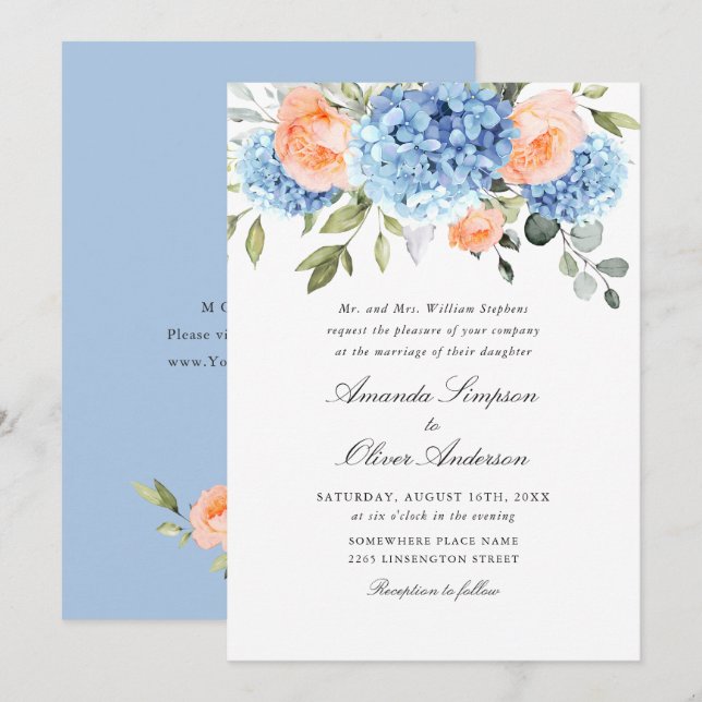 Elegant Blue Hydrangea Blush Pink Roses Wedding Einladung (Vorne/Hinten)