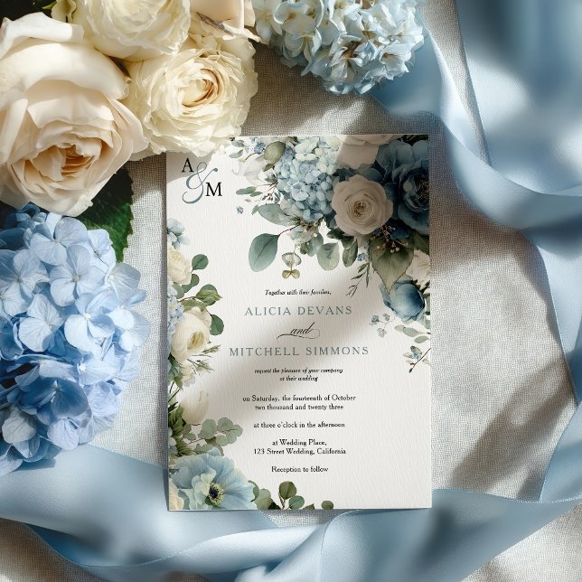 Elegant Blue Hydrangea Elfenbeinblütenhochzeit Ros Einladung (Elegant Blue Hydrangea Ivory Rose Floral Wedding Invitation)