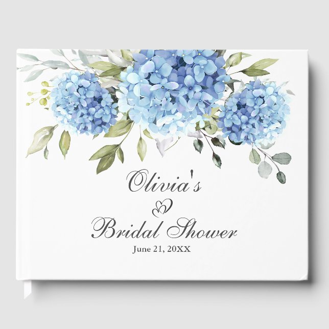 Elegant Blue Hydrangea Eucalyptus Brautparty Gästebuch (Vorderseite)