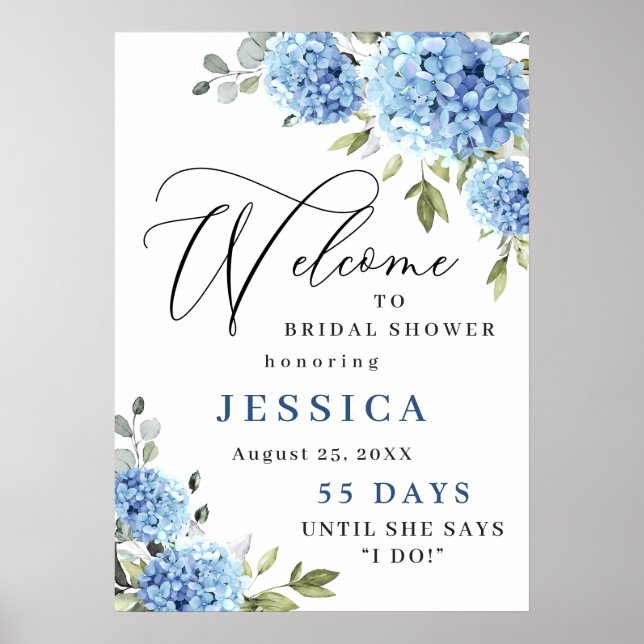 Elegant Blue Hydrangea Eucalyptus Brautparty Poster (Vorne)