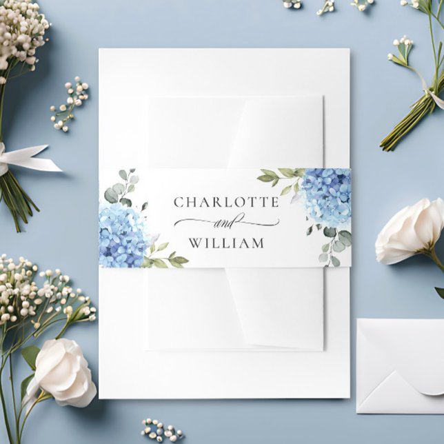 Elegant Blue Hydrangea Eucalyptus Floral Wedding Einladungsbanderole (Von Creator hochgeladen)