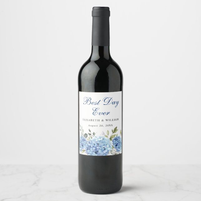 Elegant Blue Hydrangea Eucalyptus Wedding Weinetikett (Vorderseite)