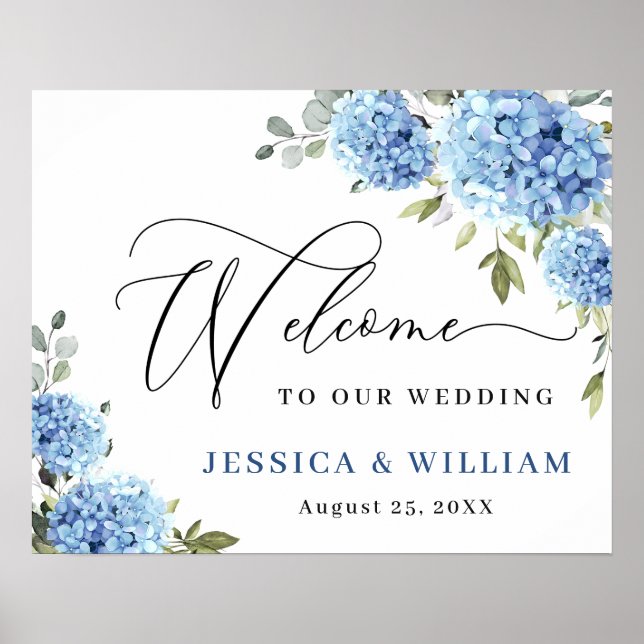 Elegant Blue Hydrangea Eucalyptus Wedding Willkomm Poster (Vorne)