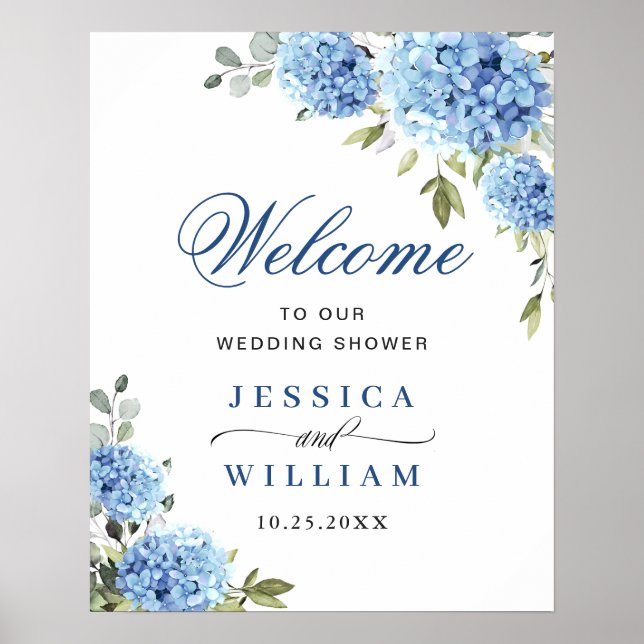 Elegant Blue Hydrangea Eucalyptus Wedding Willkomm Poster (Vorne)