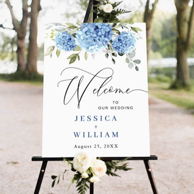 Elegant Blue Hydrangea Eucalyptus Wedding Willkomm Poster (Von Creator hochgeladen)