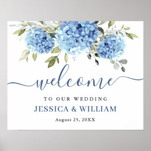 Elegant Blue Hydrangea Eucalyptus Wedding Willkomm Poster