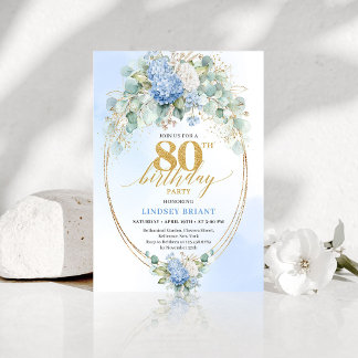 Elegant Blue Hydrangea Floral 80th Birthday Invite Einladung