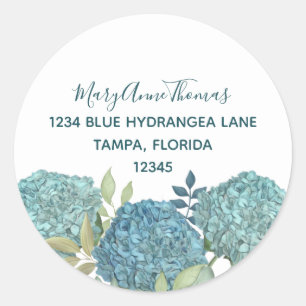 Elegant Blue Hydrangea Floral Rücksendeadresse Runder Aufkleber