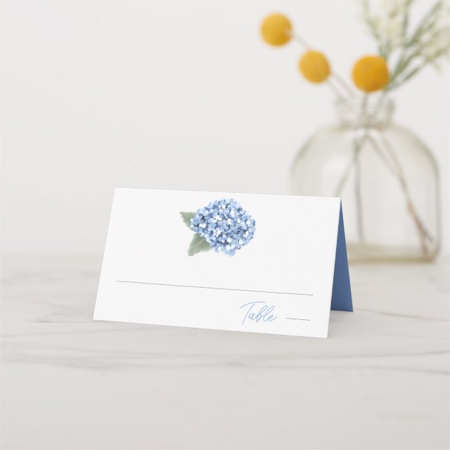 Elegant Blue Hydrangea Floral Wedding Platzkarte (Vorderseite)
