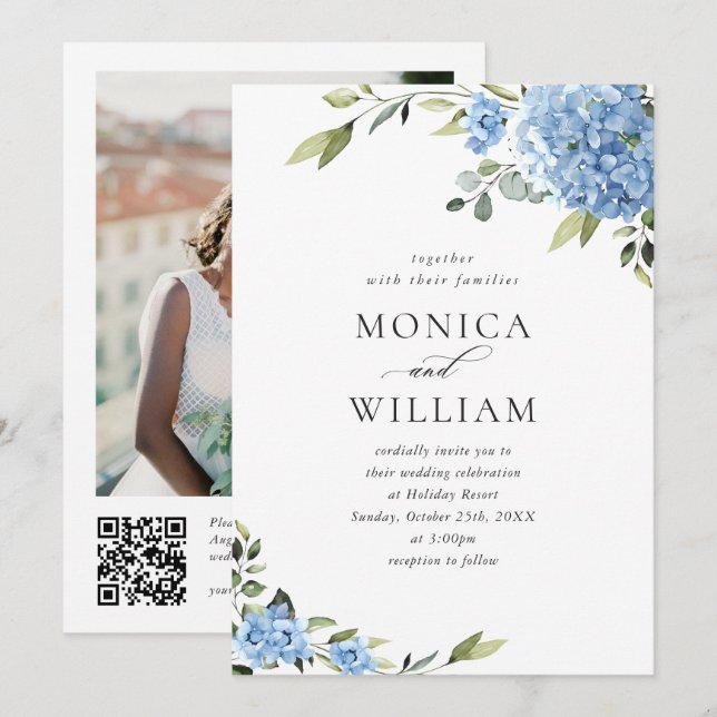 Elegant Blue Hydrangea Floral Wedding QR-Code Einladung (Vorne/Hinten)