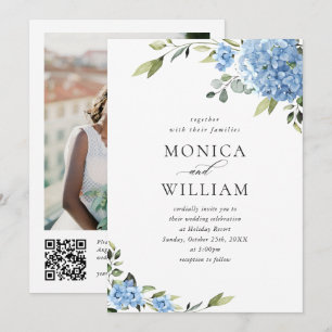 Elegant Blue Hydrangea Floral Wedding QR-Code Einladung