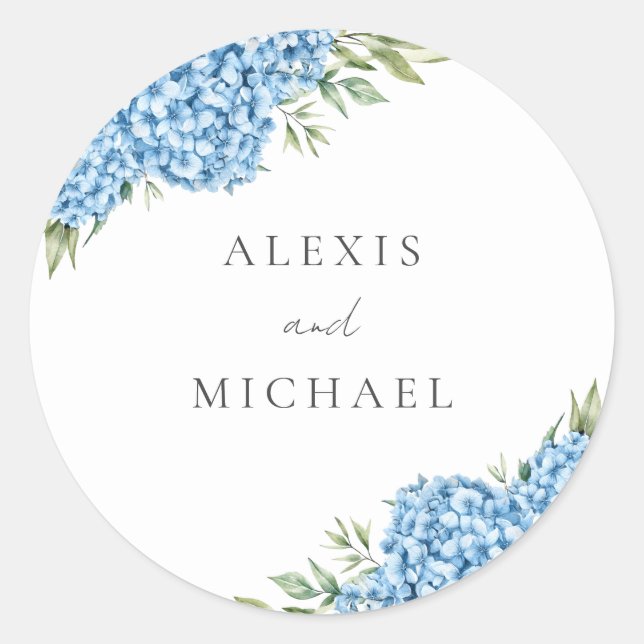 Elegant Blue Hydrangea Floral Wedding Runder Aufkleber (Vorderseite)