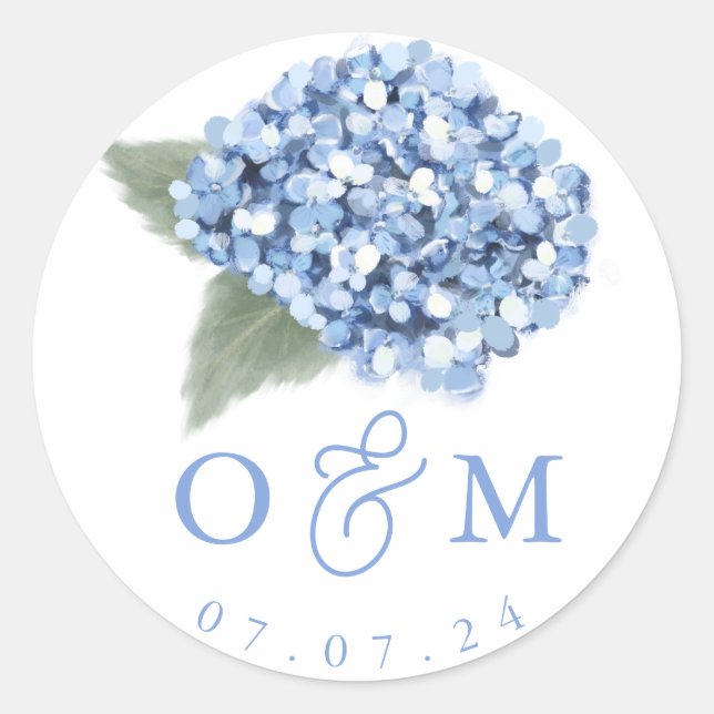 Elegant Blue Hydrangea Floral Wedding Runder Aufkleber (Vorderseite)