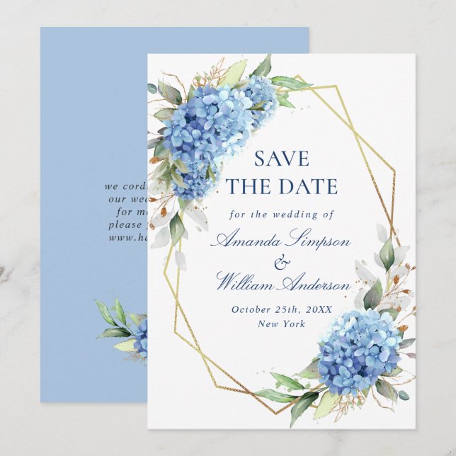 Elegant Blue Hydrangea Floral Wedding Save The Date (Vorne/Hinten)