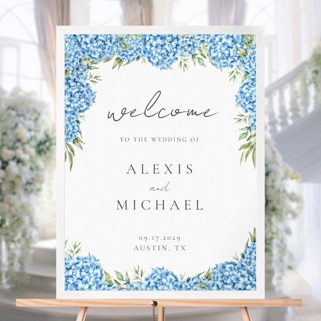 Elegant Blue Hydrangea Floral Wedding Willkommen Poster (Von Creator hochgeladen)