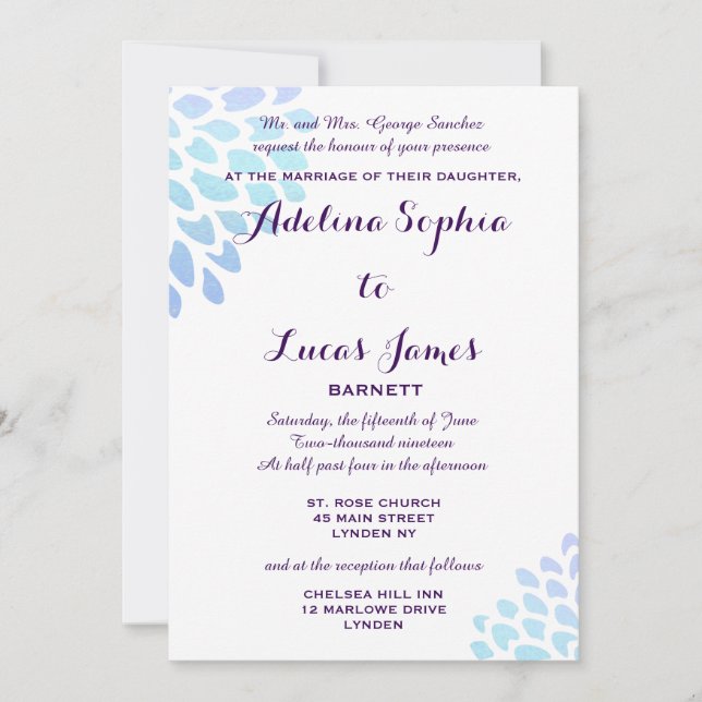 Elegant Blue Hydrangea Formal Wedding Einladung (Vorderseite)