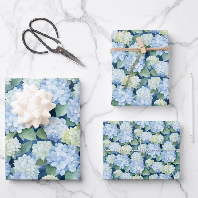 Elegant Blue Hydrangea Geschenkpapier Set (Vorderseite)