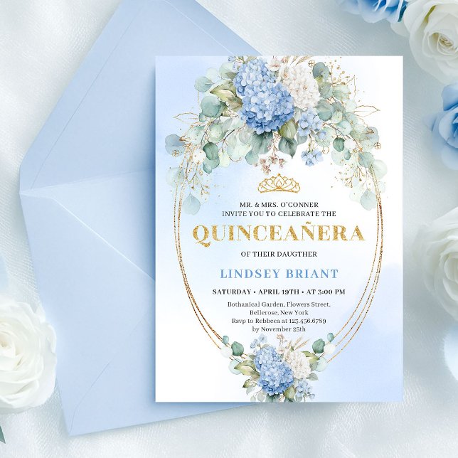 Elegant Blue Hydrangea Gold Quinceañera Invitation Einladung (Elegant Blue Hydrangea Gold Quinceañera Invitation)