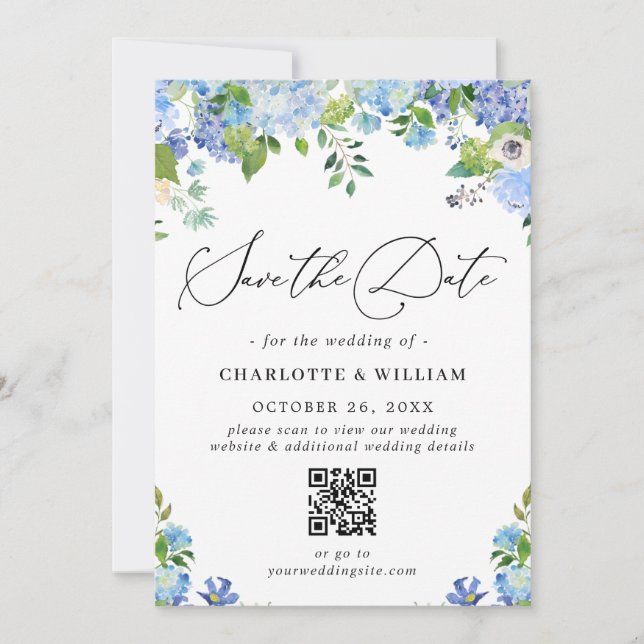 Elegant Blue Hydrangea Greenera Foto Wedding QR Save The Date (Vorderseite)
