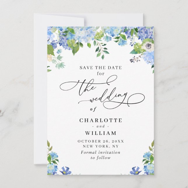 Elegant Blue Hydrangea Grüne Hochzeit Save The Date (Vorderseite)