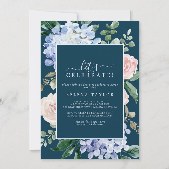 Elegant Blue Hydrangea | Marine Let's Celebrate Einladung (Vorderseite)