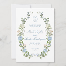 Elegant Blue Hydrangea Monogram Save the Date Einladung