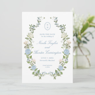 Elegant Blue Hydrangea Monogram Save the Date Einladung