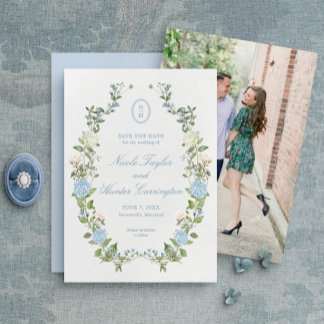 Elegant Blue Hydrangea Monogram Save the Date Einladung