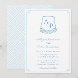 Elegant Blue Hydrangea Monogram Wappen Wedding Einladung