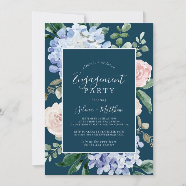 Elegant Blue Hydrangea | Navy Engagement Party Einladung (Vorderseite)
