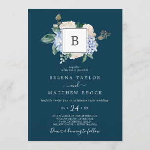 Elegant Blue Hydrangea Navy Monogram Wedding Einladung