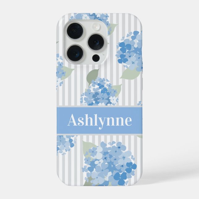 Elegant Blue Hydrangea Pattern Gray Stripe Name iPhone 15 Pro Hülle (Rückseite)