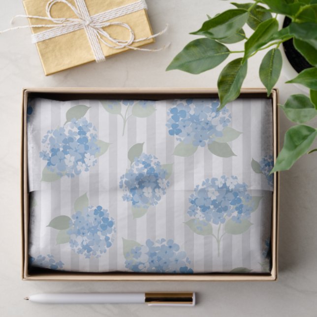 Elegant Blue Hydrangea Pattern Gray Stripe  Seidenpapier (Geschenk)
