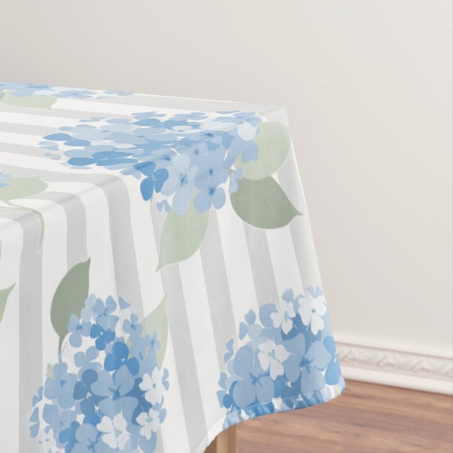 Elegant Blue Hydrangea Pattern Gray Stripe  Tischdecke (Beispiel)